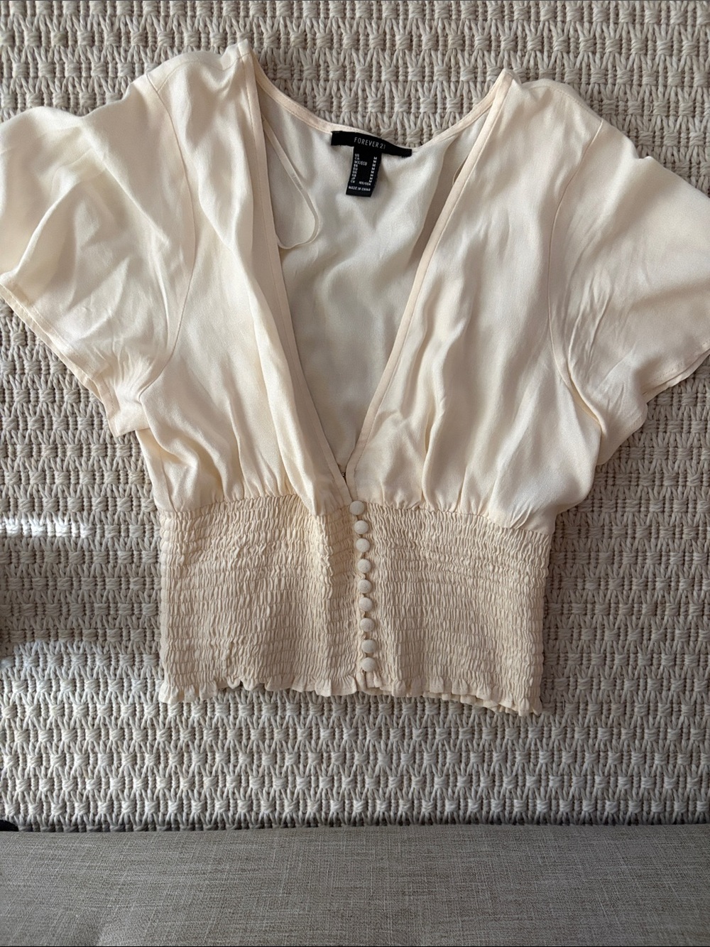 Forever 21 Cream Short Puff-Sleeve Smocked-Waist Blouse